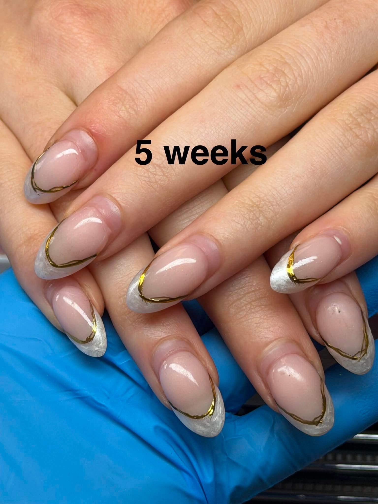 Silver shimmer French tips with a thin gold line