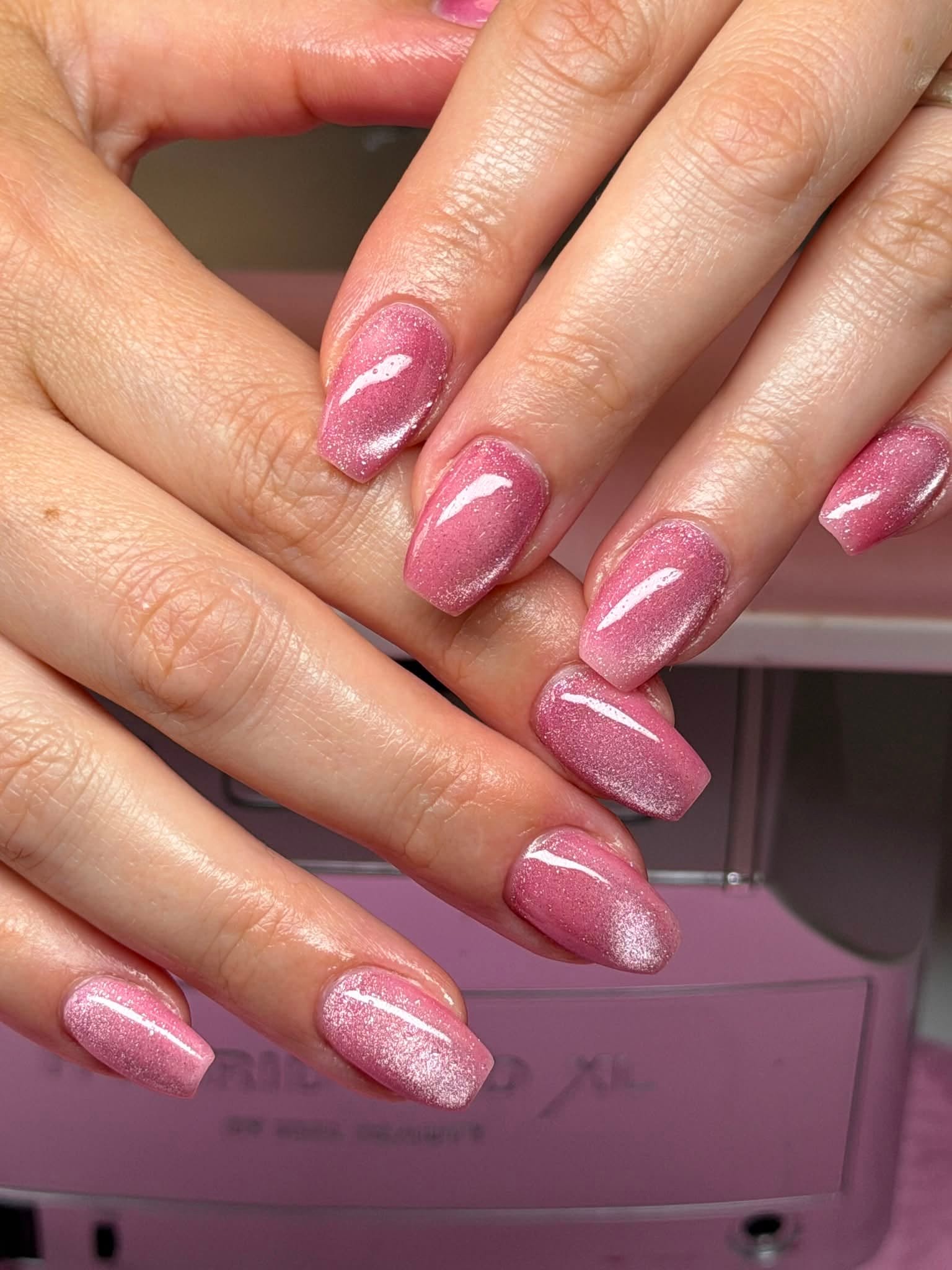 Rose pink shimmer gel manicure