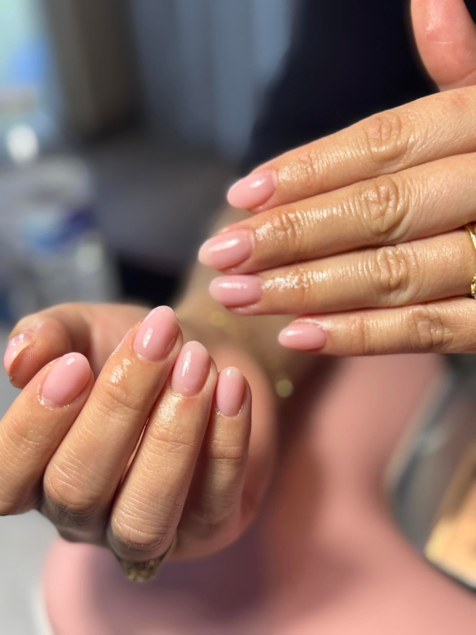 Soft pale pink solid gel manicure with subtle shine