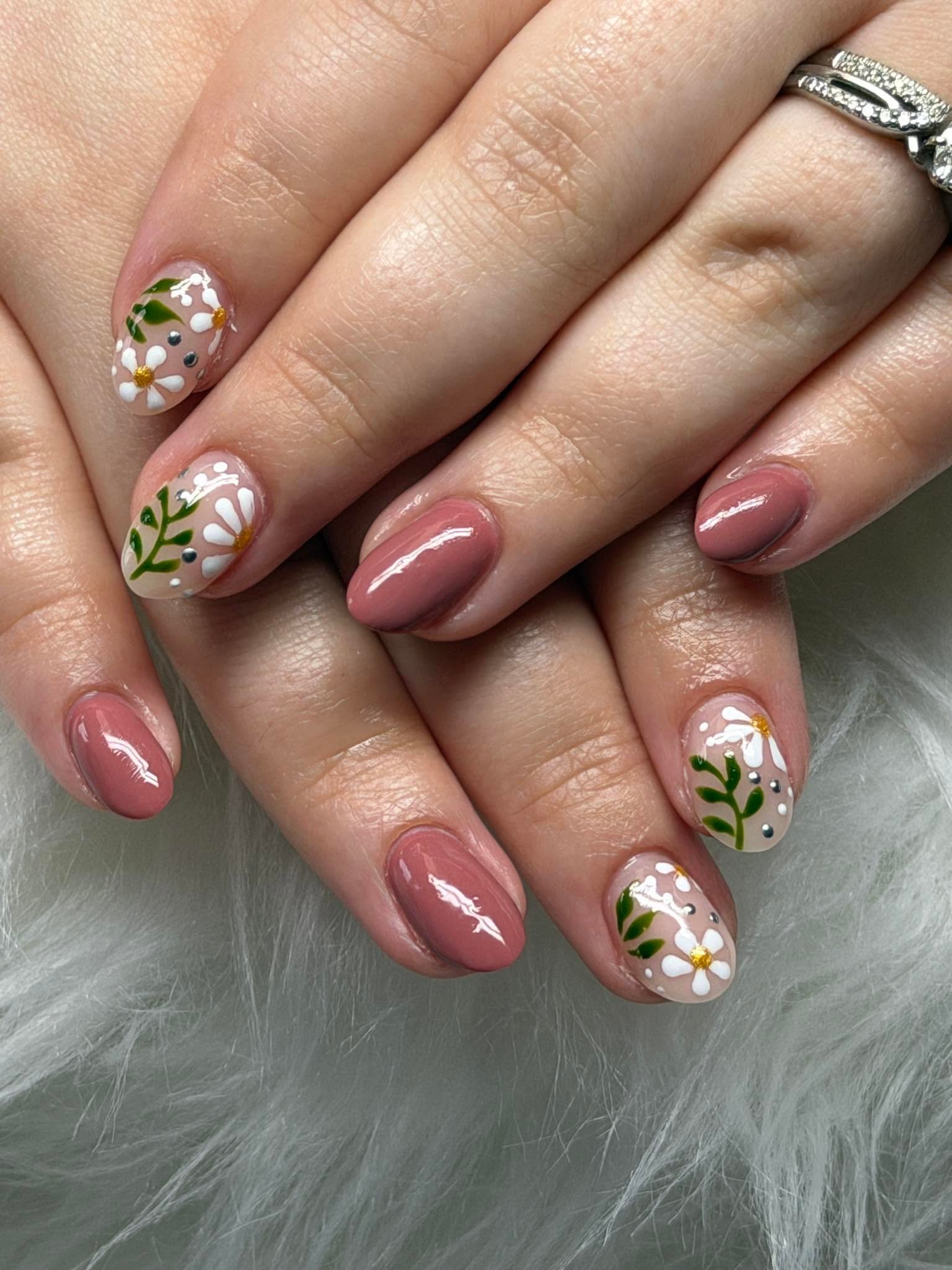 Mauve nails with hand-painted white daisy accents